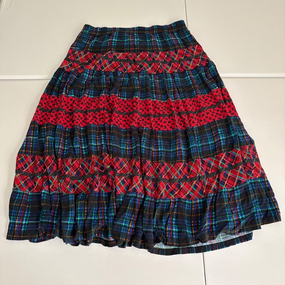 Carole Little Sport Vintage Plaid Leopard Tiered Midi Skirt Red Blue Green 16 xx